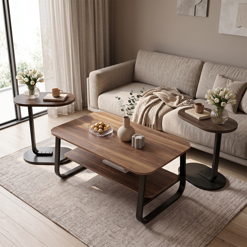 A multi-piece wooden table set with a metal frame - a two-tiered center table 100×60×48cm and 2 or 4 C-shaped side tables 39×28×60cm.
