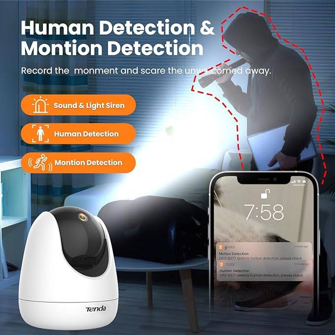 Tenda Indoor Security Camera, 1080P Wireless Home 360° Panoramic Security Camera, Night Vision, Two-Way Audio, Human and Motion Detection, Built-in Siren, Smart Tracking, SD and Cloud Storage (CP3), White