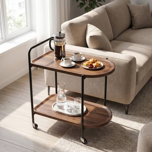 Two-tier hospitality serving trolley with lockable wheels, 68x38x60cm, wooden coffee table with metal frame - multi-colored.