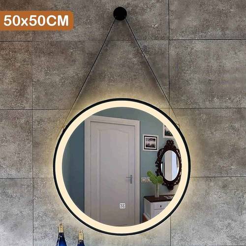 مرآة LED دائرية مع إطار معدني أسود وغطاء معلق مناسب للحمام وغرفة الطعام ومرايا الملابس - متعددة المقاسات