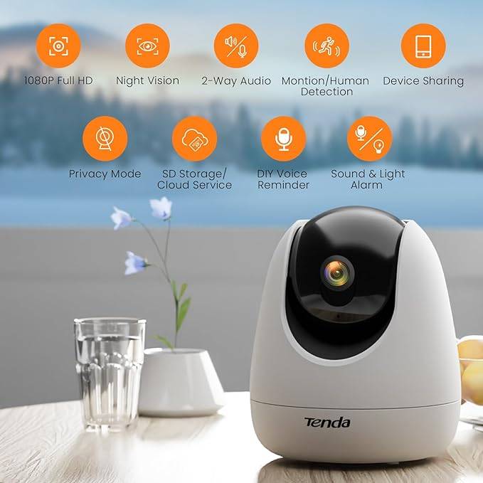 Tenda Indoor Security Camera, 1080P Wireless Home 360° Panoramic Security Camera, Night Vision, Two-Way Audio, Human and Motion Detection, Built-in Siren, Smart Tracking, SD and Cloud Storage (CP3), White