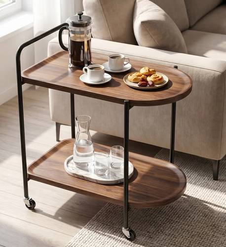 Two-tier hospitality serving trolley with lockable wheels, 68x38x60cm, wooden coffee table with metal frame - multi-colored.