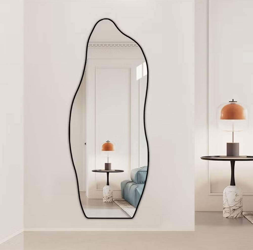 Full Length Wavy Mirror with Black Frame and Shatter Resistant Glass, Full Body Floor Mirror for Living Room, Bedroom, Entryway - Multiple Sizes.  اسود - 170x70 سم