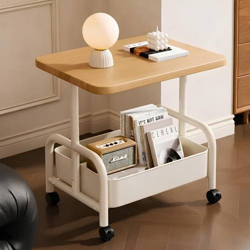 Two-tier mobile side table with wooden top and metal frame - lockable wheeled table for living room and dining room - multi-purpose.