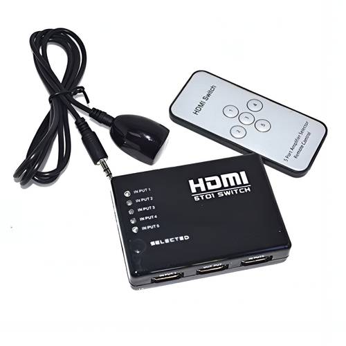 محول مقسم HDMI 3 أو 5 منافذ مع صندوق مقسم عن بعد بالأشعة تحت الحمراء - اسود