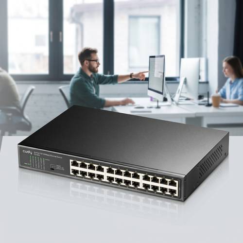 Cudy 24-port metal switch, model FS1024, with advanced VLAN and Extend control switches for securing and managing corporate networks.