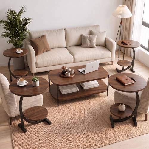 3-piece living room table set with two tiers and metal frame - Table 120×60×51 cm and two C-shaped side tables 60×40 cm - Brown.