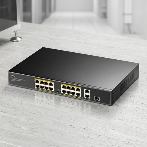 Cudy Switch Model FS1018PS1 200W 18 Ports Integrated with 16 PoE+ Ports and SFP Fiber Port for Smart Network Management.
