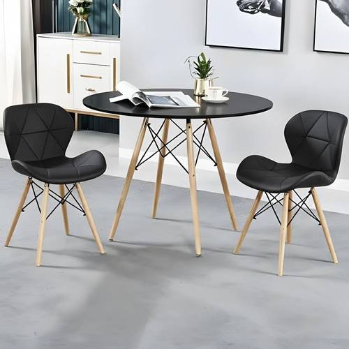 Round dining set | Wooden table (black/white) 72×80cm, with 2 leather-upholstered chairs in a modern design - multi-colored.