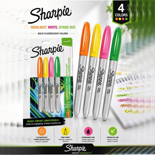 Set of 4 permanent neon markers – multiple bright colors for writing and creativity.