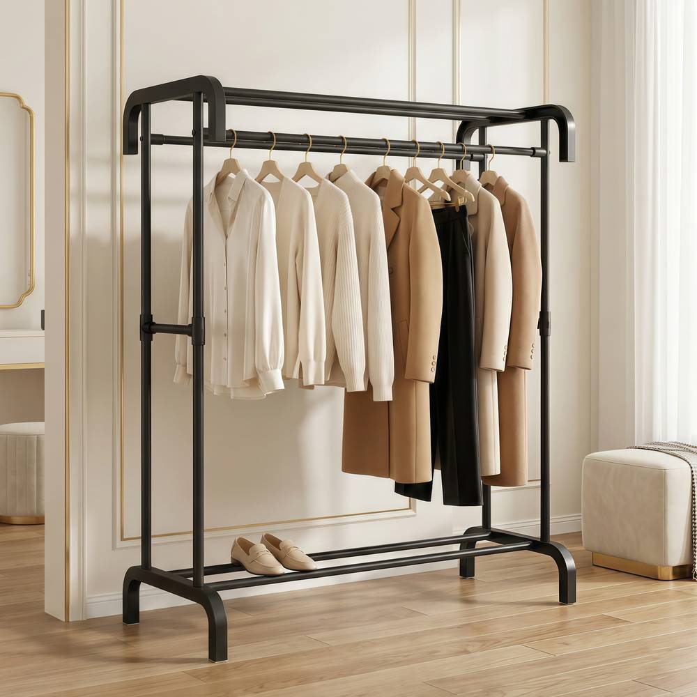 Metal clothes rack measuring 91x44x157 cm, with shoe rack (multi-shelf), white/black clothes hanger organizer.  White clothes rack - single tier.