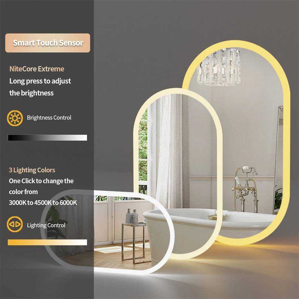 LED Oval Mirror with Touch Control 3 Lighting Levels Wall Mounted for Bathroom, Living Room, Bedroom, Vanity - Multiple Sizes  60x80 cm