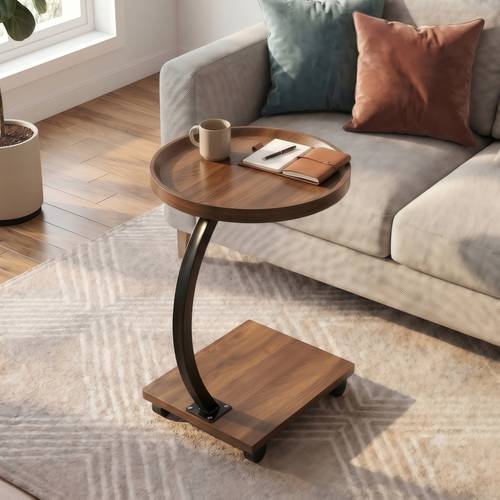 C-shaped mobile side table, two tiers with lockable wheels, wooden top and metal frame - multi-colored.