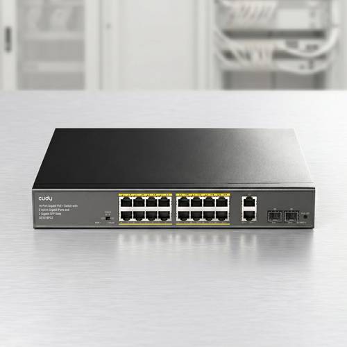 Cudy Gigabit Fiber Switch Model GS1018PS2 200W with integrated 16 PoE+ ports and 2 SFP ports for smart network management.