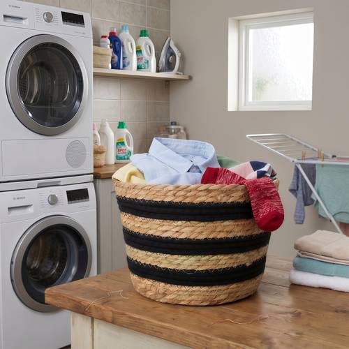 Natural Black Braided Straw Storage Basket, Decorative for Living Room, Bedroom, and Home Storage.
