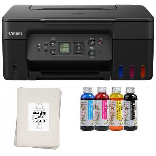 مجموعة طابعة Canon Pixma G3470 - 3x1 لاسلكية اسود مع 4 عبوات مع ورق سكر 24 حبة مقاس A4