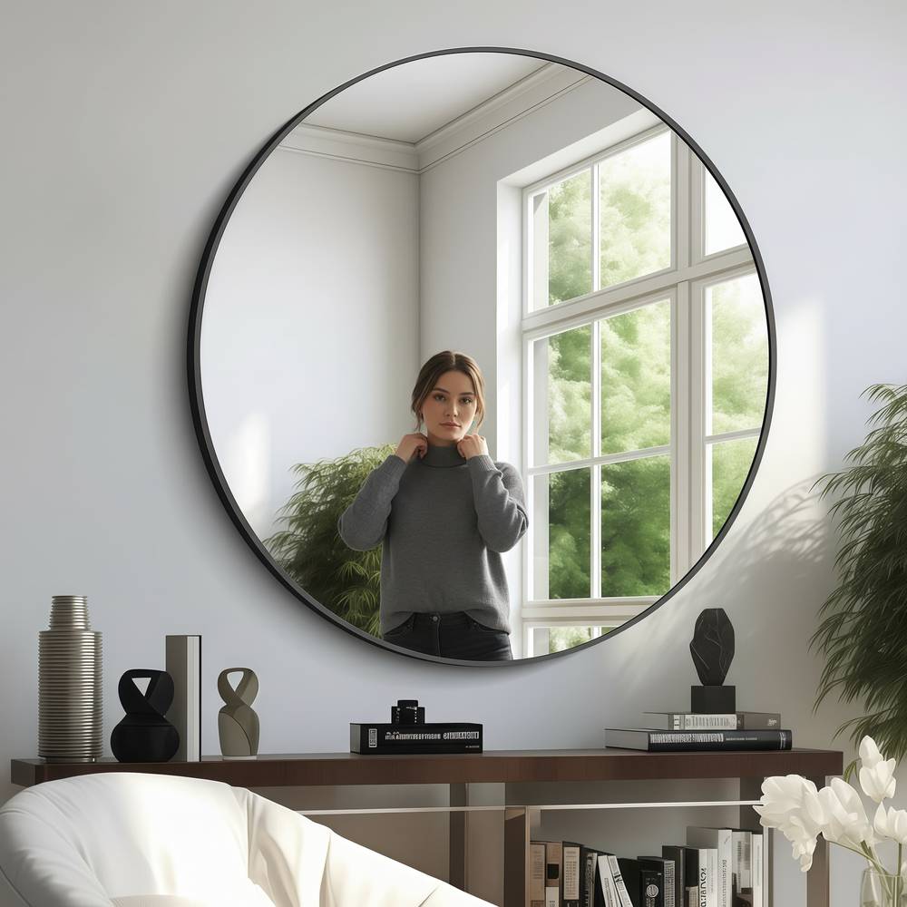 Black metal frame wall mirror, modern design wall-mounted makeup mirror - multiple sizes.  80سم