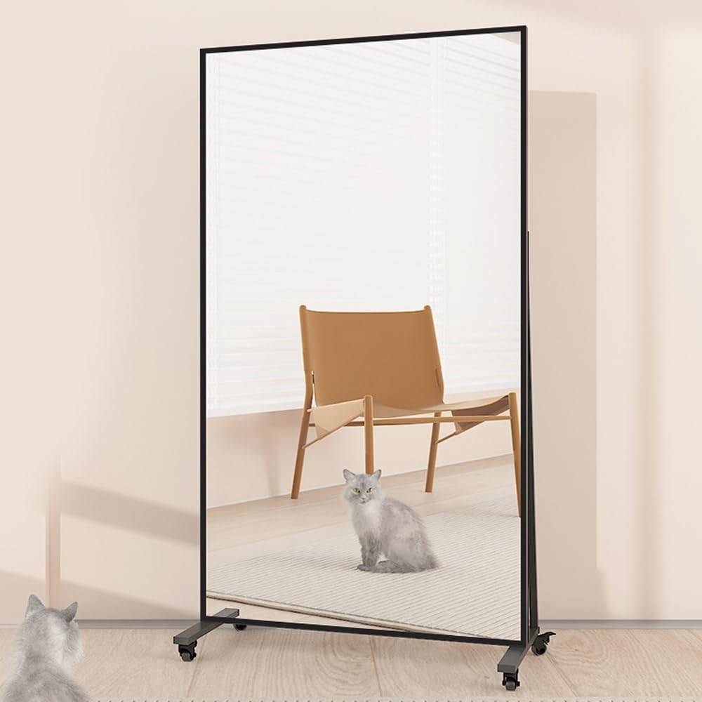 Full Length Rectangular Mirror, Floor Standing Mirror with Wheels for Living Room and Bedroom with Black Frame - Multi-Size.  اسود - 120x170 سم