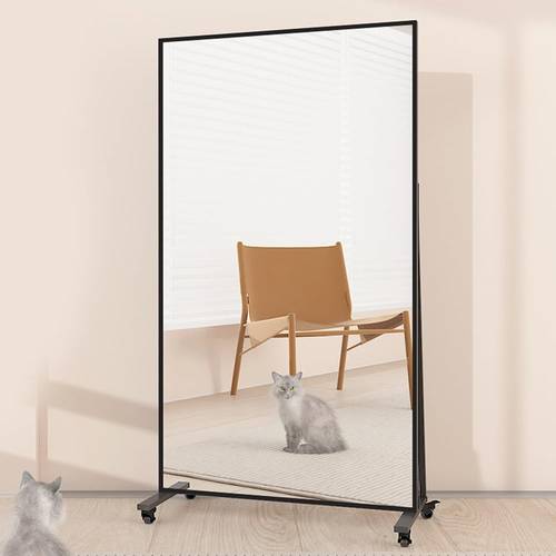 Full Length Rectangular Mirror, Floor Standing Mirror with Wheels for Living Room and Bedroom with Black Frame - Multi-Size.