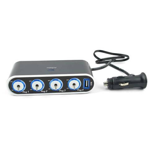 محول ولاعة سجائر وشاحن سيارة 4 مقابس 24/12 فولت + منفذ USB شاحن 5 فولت مع مفتاح تشغيل/إيقاف منفصل - اسود
