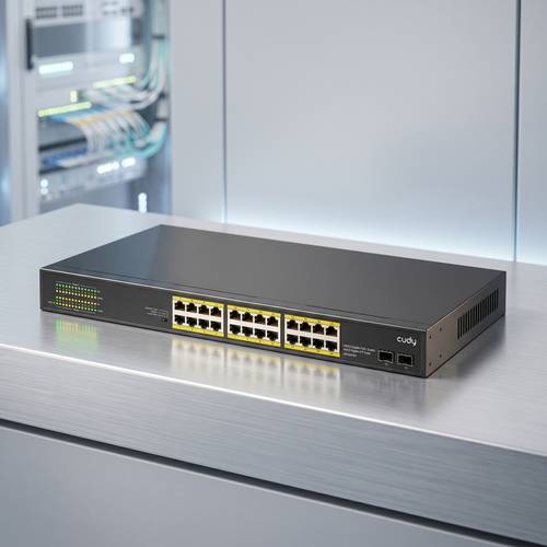 Cudy Gigabit Fiber Switch Model GS1028PS2 with 300W power, integrated with 24 PoE+ ports and 2 SFP ports for managing large networks.