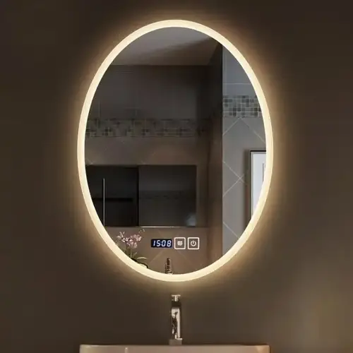 مراية بيضاوية مضيئة ثلاثة الوان مع ساعة ومانع الضباب  LED 60X80CM
