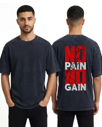 تيشيرت رجالي ستريت وير قطن مغسول بطباعة خلفية – No Pain No Gain | ستايل جريء وتحفيزي