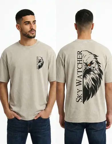 تيشيرت رجالي ستريت وير قطن مغسول بطباعة خلفية – Eagle Back Print | ستايل جريء يعكس القوة