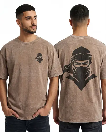 تيشيرت رجالي ستريت وير قطن مغسول – Ninja Mask | تصميم ياباني غامض وجريء