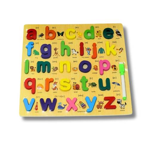 Wooden English Alphabet Learning Board with Raised Letters and Back Writing Board with Pen