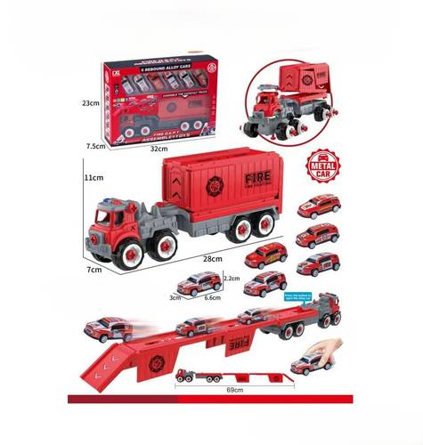 7-in-1 Fire Truck Car Carrier with Catapult  Includes 6 Die Cast Cars  Suitable for Ages 3+