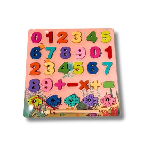 Wooden English Numbers and Math Operations Learning Board with Magnetic Fishing Game Interactive Tool for Early Learning Suitable for Ages 3 Years and Above