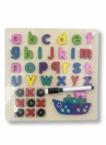 English Alphabet Intelligence Boat Wooden 3 in 1 Board for Learning Letters Assembly Tic Tac Toe and Writing Board with Pen Suitable for Ages 3 Years and Above