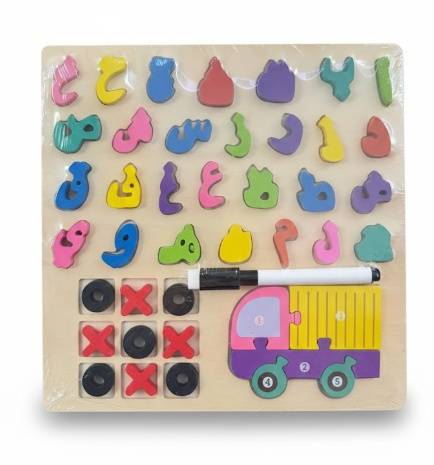 Arabic Alphabet Intelligence Truck Wooden 3 in 1 Board for Learning Letters Assembly Tic Tac Toe and Writing Board with Pen Suitable for Ages 3 Years and Above