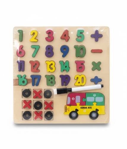 English Numbers Intelligence Bus Wooden 3 in 1 Board for Learning Math Assembly Tic Tac Toe and Writing Board with Pen Suitable for Ages 3 Years and Above