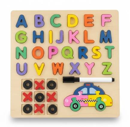 English Alphabet Intelligence Bus Wooden 3 in 1 Board for Learning Letters Assembly Tic Tac Toe and Writing Board with Pen Suitable for Ages 3 Years and Above