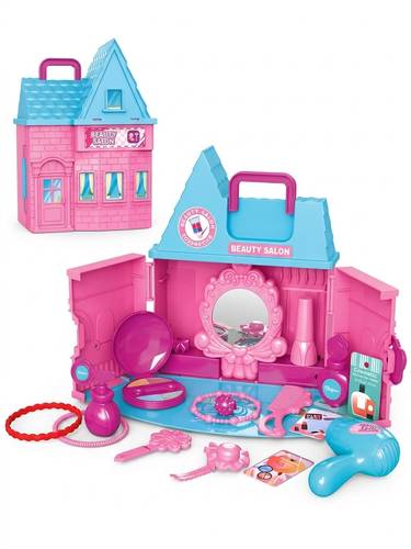 Kids Beauty Salon Playset  2 in 1 Transforming Carry Case House Shape with 23 Accessories Suitable for Ages 3+