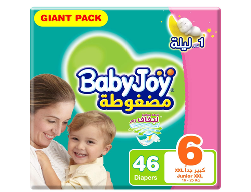  حفائض بيبي جوي بالحشوة الماسية المضغوطة ، العبوة العملاقة ، كبير جدا XXL مقاس 6 ، عدد 46 ، 16+ كغ