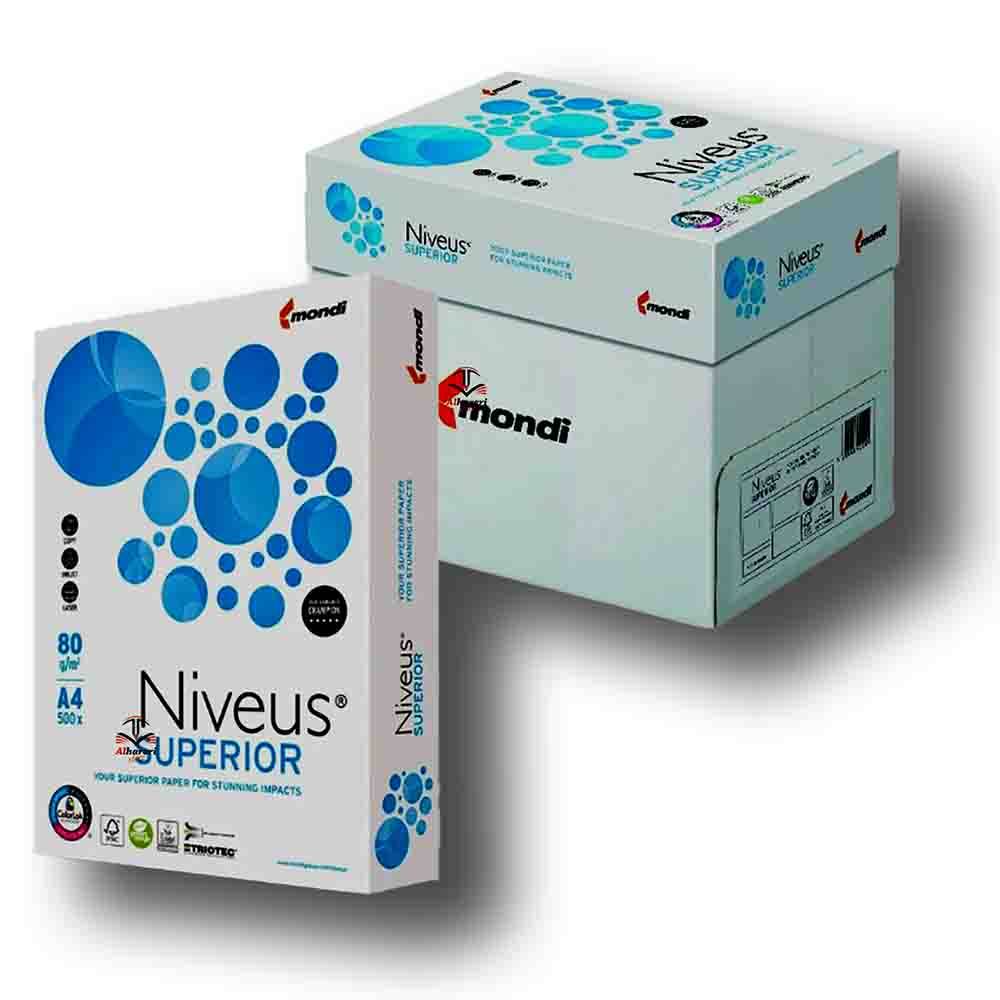 كرتون 5 شدات ورق طباعة موندي Niveus TOP A4 أبيض 80 جم - 500 ورقة