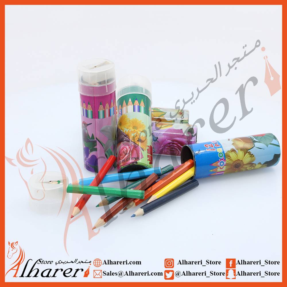 Set 12 color wooden colors cylindrical with sharpener tray small and economical