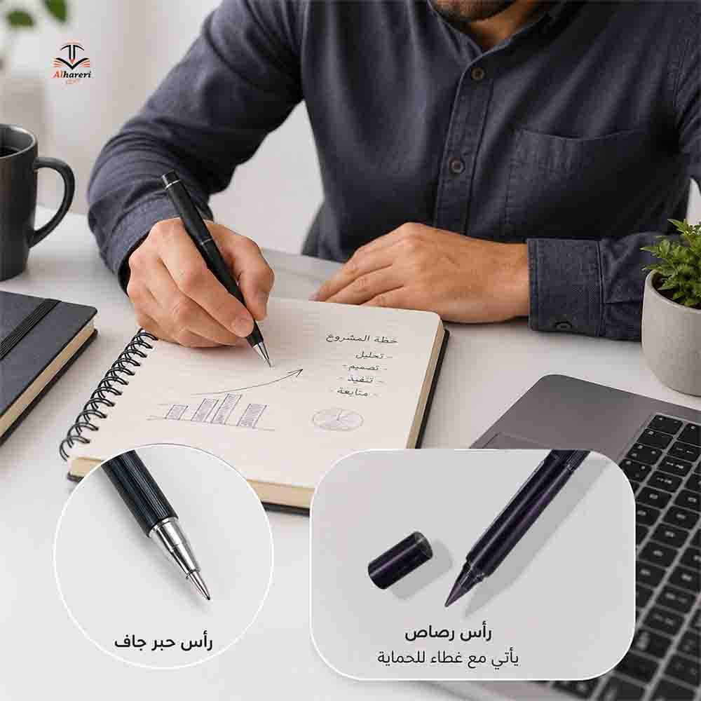قلم أسود معدني برأس حبر جاف أزرق ورأس رصاص لا ينتهي