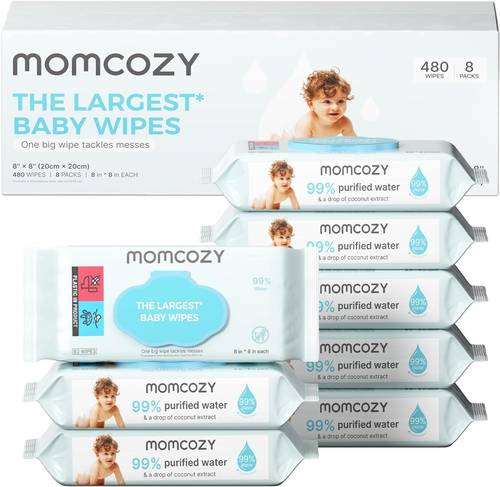 مناديل أطفال Momcozy كبيرة الحجم – 480 منديل (8 عبوات) مقاس 20×20 سم