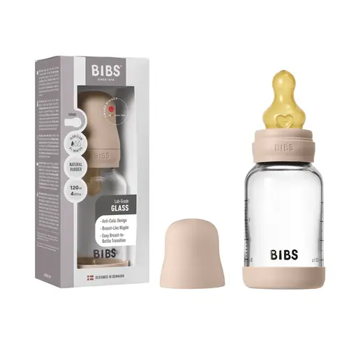 BIBS Glass Baby Bottle 120ml – Natural Rubber Nipple (Slow Flow)