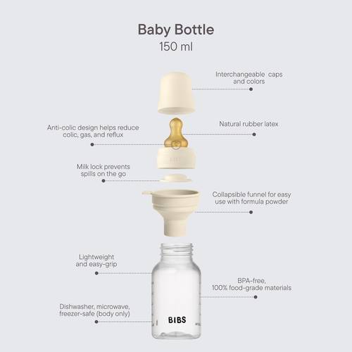 BIBS Glass Baby Bottle 120ml – Natural Rubber Nipple (Slow Flow)