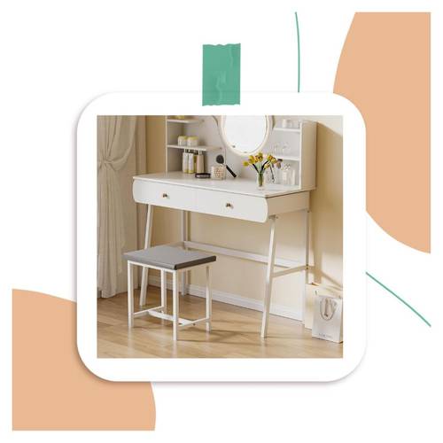 طقم طاولة تسريحة وغرفة نوم منزلية مقاس 100*40*125 سم مع مرآة بإضاءة LED وأدراج لطاولة الزينة و3 مستويات لشدة الإضاءة مع كابل USB