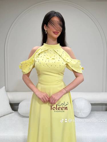 فستان سهرة ليموني قصة كلوش - ‏(XL) الصدر:٩١سم , الخصر:٨١سم