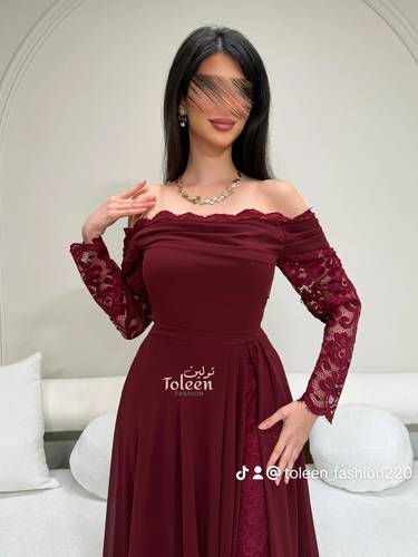 فستان عنابي طويل سهرة - (XXXL) الصدر:١٠٢سم , الخصر:٩١سم