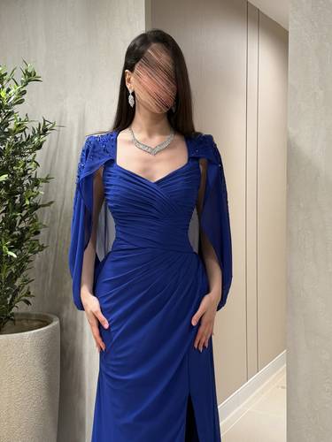 فستان ازرق نيلي سهرة شيفون - (XXXL) الصدر:١٠٢سم , الخصر:٩١سم