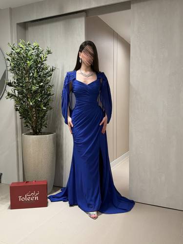 فستان ازرق نيلي سهرة شيفون - (XXXL) الصدر:١٠٢سم , الخصر:٩١سم