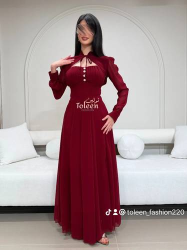 فستان عنابي سهرة طويل - (XXXL) الصدر:١٠٢سم , الخصر:٩١سم